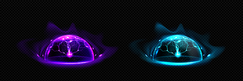 Realistic set of defense energy shields png isolated on transparent background. Vector illustration of purple, turquise neon glowing hemispheres with lightning strike effect. Magic protection bubble