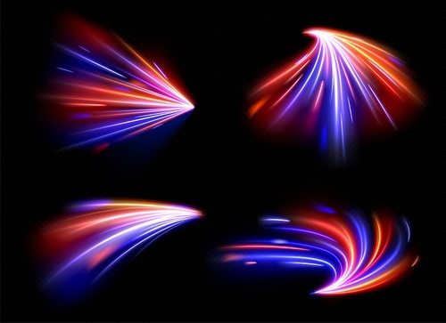 Long exposure or speed motion effect vector set. Red and blue abstract glow flash light fast line. Neon trail sparkle illumination on black background. Night car traffic shiny gradient illustration.