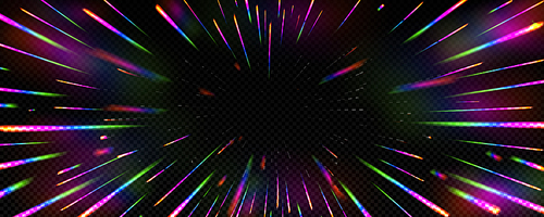 Rainbow light speed on transparent background. Vector realistic illustration of colorful abstract neon sparkles moving in darkness, aura effect, sunlight beam refraction through crystal glass prism