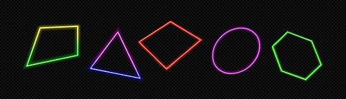 Set of neon light geometric figures glowing isolated on transparent background. Vector realistic illustration of colorful rectangle, circle, hexagon, triangle and rhombus laser frames. Design elements
