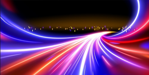 Long exposure vector effect on city landscape. Car lights speed motion bright color trail on road vector background. Dynamic neon glow from urban transport traffic in evening illustration.