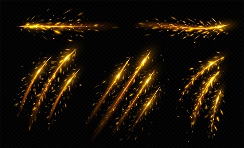 Iron cut effect with fire sparks and light lines. Abstract yellow tracks with sparkles of metal welding, grinder or steel cut isolated on transparent background, vector realistic illustration