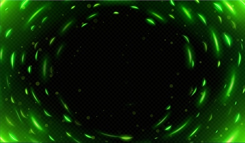 Light effect of neon glow and energy sparkles motion. Abstract background with circle frame of shiny twirl with green sparks and blur, vector realistic illustration