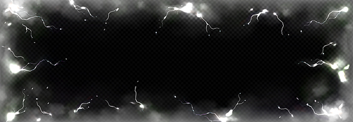 Thunder storm effect with lightnings, smoke and sparks. Abstract background of electricity shock, energy flash, thunderbolt and fog clouds, vector realistic illustration