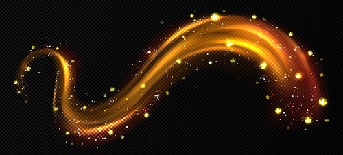 Abstract golden light trail with shine and crown signs. Gold glow motion effect, shiny flare wave with sparkles and flying royal symbols, vector realistic illustration