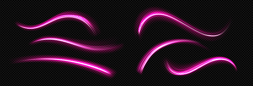 Light lines effect of neon glow motion trails. Magic pink waves, abstract flash trails, glowing curved and wavy lines isolated on transparent background, vector realistic illustration