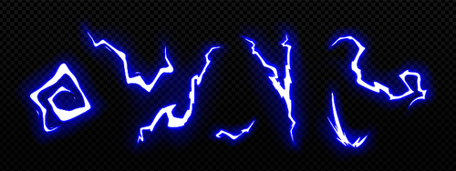Electric thunder bolt effect. Light flashes of energy, blue lightnings and thunderbolts isolated on transparent background, vector cartoon set for game design