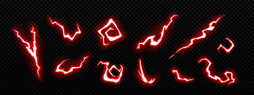 Thunder game lightning effect vector set. Isolated magic red neon effect for animation. Strike png element for spell shot. Bright attack action or blast design.