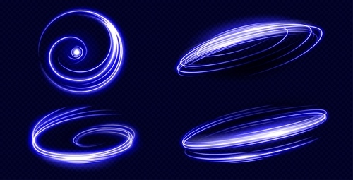 Blue light speed motion magic swirl. Glow trail neon effect for spell in fantasy game. Spiral png circular swoosh blur element. Isolated abstract energy trace shine asset.