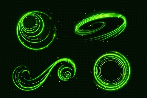 Green game healing swirl light vector effect. Isolated neon circle with blur and glitter on transparent background. Speed and power shiny motion highlight with swoosh. Round glitz with ray particle.