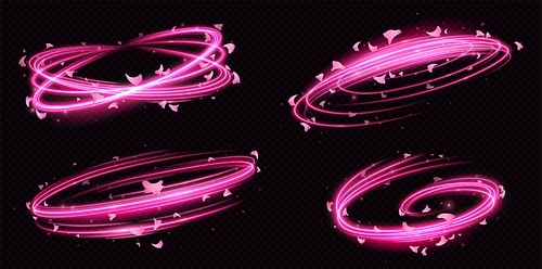 Pink motion light swirl and flying cherry flower petals isolated vector game element. Set of speed trail with glow on transparent background. Neon dynamic and spiral waves with glitter particles.