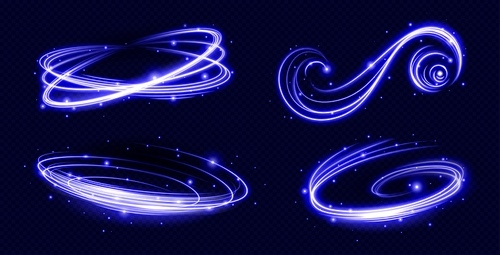 Light lines and swirls with magic neon glow effect and sparkles. Abstract blue spiral, circle and wave flare trails with shiny particles, vector realistic illustration