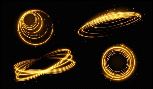 Luxury gold light lines with glitter and shine. Abstract golden glow motion effect, magic flare trails with sparkles, vector realistic illustration isolated on transparent background