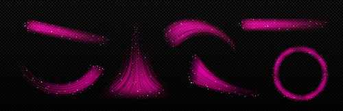 Pink wind waves, fresh air flow effect. Abstract light trails with sparkles, pink smoke blows isolated on transparent background, vector realistic illustration