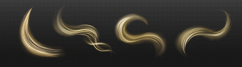 Set of shimmering dust swirls isolated on transparent background. Vector realistic illustration of sand and wind vortex in desert. Magic power effect. Golden air trail with sparkling powder particles