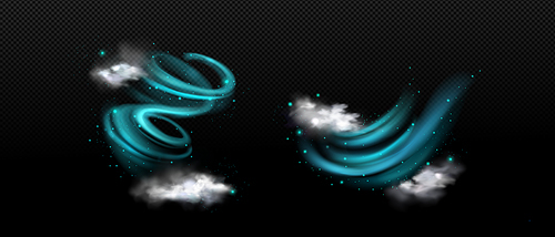 Realistic set of fresh air swirls isolated on transparent background. Vector illustration of cool wind with clouds of steam and sparkling particles. Wave or spiral flow of magic energy, tornado effect