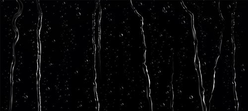 Realistic water drops and streams on black background. Vector illustration of condensation drops, rain droplets, shower flows on glass surface. Abstract wet texture. Scattered or sprayed aqua blobs