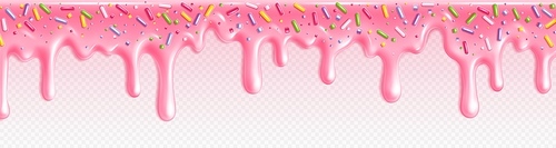 Pink donut icing glaze. Realistic isolated candy melt drip border in vector on transparent background. 3d cake liquid syrup melt down. Sweet sttrawberry confectionery pouring down with drop.