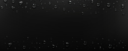 Realistic condensation water drop on black background. Wet bubble effect texture on glass surface vector. 3d dark raindrop pattern illustration with dribble and light reflection for web banner.