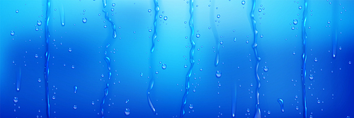 Water droplets and streams on blue surface. Vector realistic illustration of wet shower glass with drops and steam. Raindrops on window. Abstract pattern with transparent liquid bubbles, condensation