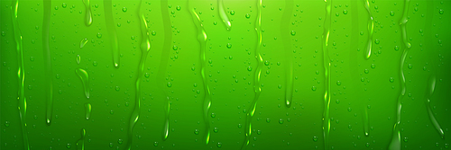 Water droplets and streams on green surface. Vector realistic illustration of wet shower glass with drops and steam. Raindrops on window. Abstract pattern with transparent liquid bubbles, condensation
