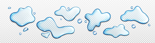 Realistic set of water puddles isolated on transparent background. Vector illustration of blue liquid splashes, abstract wet spills, cosmetic gel blobs, rain drops top view on surface. Design elements