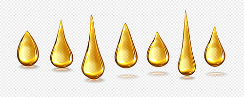 Gold honey drop icon on transparent background. Isolated yellow olive oil droplet vector realistic illustration. Golden falling skincare argan cosmetic, nature essence extract translucent clipart set.