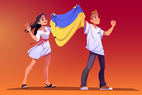 Riot against war on Ukraine, people holding yellow and blue Ukrainian flag on demonstration to stop russian aggression. Young woman in traditional dress and man protest, Cartoon vector illustration