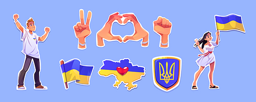 Freedom for Ukraine stickers, opposition symbols. Man and woman activists on demonstration, national flag, hand gestures heart and victory, map with heart and coat of arms badge, Cartoon vector set