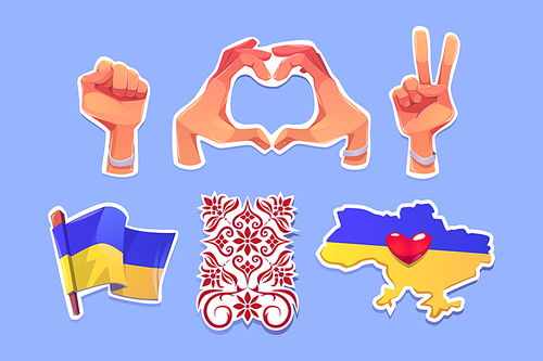Freedom for Ukraine stickers, stop war opposition symbols. National flag, hand gestures heart, raised fist and victory, map with heart and traditional embroidery isolated badges, Cartoon vector set
