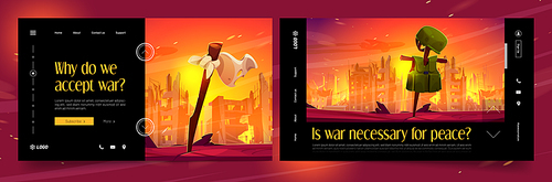 Websites about war with destroyed city with fire, smoke, broken houses, white flag of surrender, body armor and helmet on pole. Vector banners of military conflict with cartoon illustration