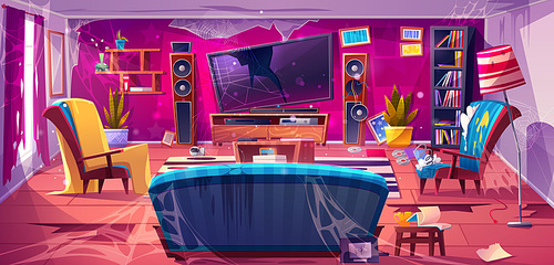 Old dirty living room with broken tv and furniture. Messy abandoned home interior with couch, chairs, shelf, torn curtains, cracks in floor, garbage and spiderweb, vector cartoon illustration