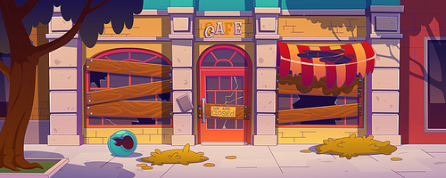 Abandoned cafe after bankruptcy, closure or failure. City street with old coffee shop or restaurant exterior with boarded up windows, broken glass and sign, vector illustration in contemporary style