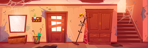 Abandoned house hallway interior. Vector cartoon illustration of messy room with spider web and cracks on boarded door, mirror, furniture, ceiling, walls, stairs. Nobody home. Spooky building inside