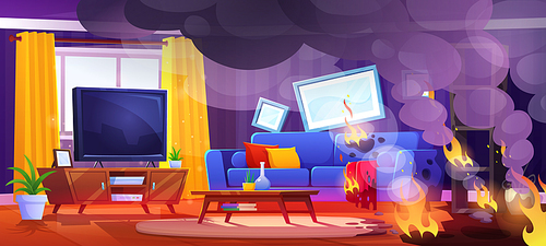 Fire in living room with tv cartoon background. Furniture apartment in blaze and smoke vector illustration. Ash on carpet, shelf and wall. Burnt interior with sofa and soot in empty hotel apartment