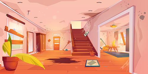 Abandoned cartoon house hallway and messy living room with broken furniture and cobweb. Vector illustration of empty spooky home with dirty walls, cracks in floor and ceiling, boarded door and windows