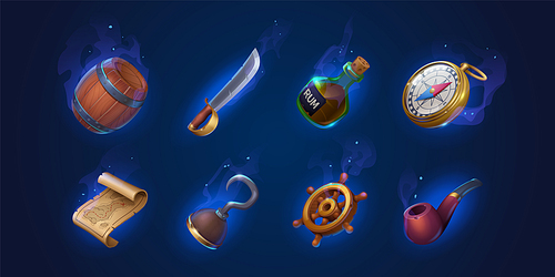 Pirate sword, rum bottle, old map, ship steering wheel and compass. Corsair equipment icons with hook, wooden barrel and smoking pipe isolated on background, vector cartoon set