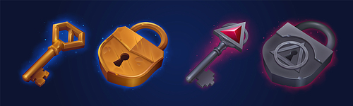 Game keys and locks ui icons, loot box gamer assets. Bronze and iron skeleton keys and padlocks. Cartoon graphic design elements with mysterious glow for rpg, quest or arcade, Vector illustration, set