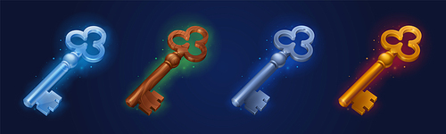 Set of keys made of wood, gold, silver and stone isolated on dark background. Cartoon vector illustration of different rank trophies. Collection of game props, level awards. Gui design elements