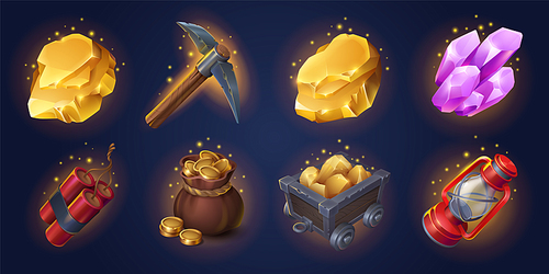 Game mining props icons dynamite, golden coins in sack, pickaxe and pink crystals, trolley with gold ingots and lantern gui design elements. Game assets, mine items Isolated cartoon 3d vector set