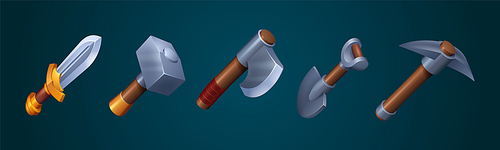 Axe, sword, pick, hammer and shovel for ui game design. Icons of old viking or knight weapon and miner tools isolated on background, vector cartoon illustration