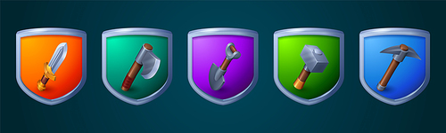 Game badges with resources icons. Shield emblems in silver frame with steel sword and axe, metal shovel and pickaxe, hammer, vector cartoon set isolated on background, board with achievement icon