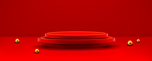 Background with 3d red podium, round platform. Empty studio stand for display product, stage for winner award or presentation. Red circle pedestal and gold balls, vector realistic illustration