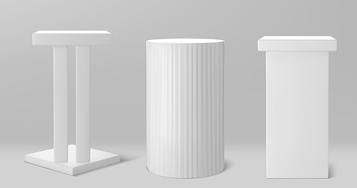 White 3d vector pillar podium. Cylinder and square column platform for product presentation. Realistic empty display stage in museum for presentation. Showroom mockup exposition with light and shadow.
