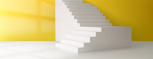 3d vector room with stairs, yellow wall background. Minimal geometric realistic pedestal with staircase for product. Perspective view layout with platform, light from window. Minimalist presentation