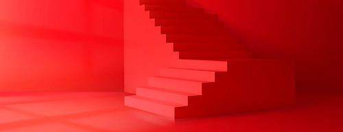 3d vector room with stairs, red wall background. Minimal geometric realistic pedestal with staircase for product. Perspective view layout with platform, light from window. Minimalist presentation