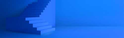 Background with 3d staircase. Empty stage, room or studio with blue stairs and walls in perspective view. Abstract interior mockup, vector realistic illustration