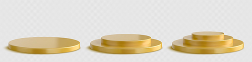 3d isolated gold podium vector set. Golden circle pedestal pack to display product. Premium round stand template with step. Award scene template for mockup. Metal advertising empty showcase.