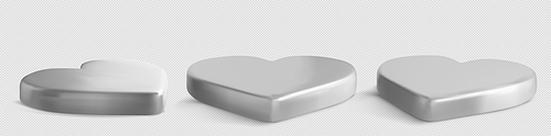 3d platform, podium in heart shape for display products for Valentines day or Mother day. Empty silver stage, pedestal isolated on transparent background, vector realistic illustration