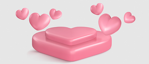 Realistic pink podium with hearts flying around isolated on transparent background. Vector illustration of platform in shape of love symbol. Product display mockup for sale presentation. Romantic gift